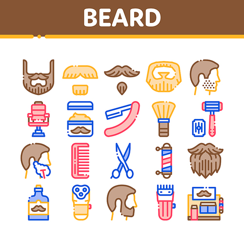 Beard And Mustache Collection Icons Set Vector Thin Line. Man Silhouette Shave Beard By Razor, Scissors And Electronic Device Concept Linear Pictograms. Color Contour Illustrations
