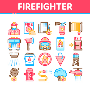 Firefighter Equipment Collection Icons Set Vector Thin Line. Firefighter Man Silhouette In Mask, Extinguisher, Axe And Fire Department Truck Concept Linear Pictograms. Color Contour Illustrations