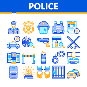 Police Department Collection Icons Set Vector Thin Line. Policeman Silhouette, Police Badge And Body Armor, Helmet And Gun And Truncheon Concept Linear Pictograms. Color Contour Illustrations