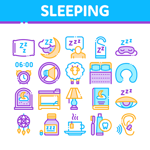 Sleeping Time Devices Collection Icons Set Vector Thin Line. Sleeping Human Silhouette, Pillow And Bed, Clock And Book, Moon And Cup Of Tea Concept Linear Pictograms. Color Contour Illustrations