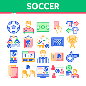 Soccer Football Game Collection Icons Set Vector Thin Line. Soccer Playing Ball, Player And Arbitrator Man Silhouette, Cup And Whistle Concept Linear Pictograms. Color Contour Illustrations