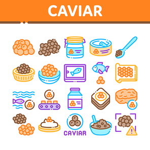 Caviar Seafood Product Collection Icons Set Vector Thin Line. Fish Eggs, Caviar In Metallic Container, On Sandwich With Butter And Spoon Concept Linear Pictograms. Color Contour Illustrations