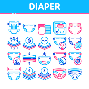 Diaper For Newborn Collection Icons Set Vector Thin Line. Diaper For Kids With Drop Of Liquid And Leaf, Multilayer And Comfortable Concept Linear Pictograms. Color Contour Illustrations