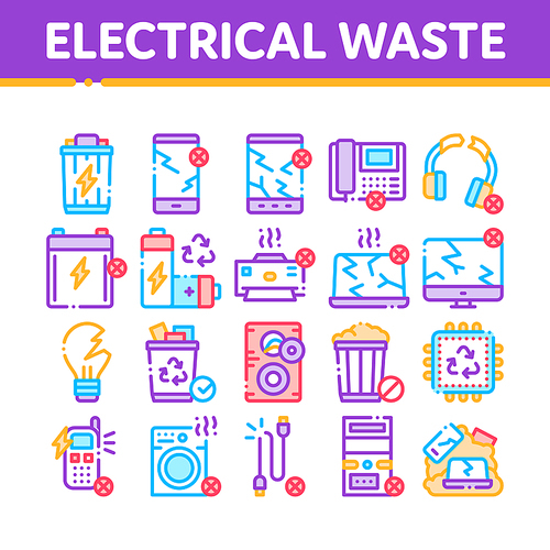 Electrical Waste Tools Collection Icons Set Vector Thin Line. Broken Electrical Cord And Battery, Phone And Earphones, Dynamic And Laptop Concept Linear Pictograms. Color Contour Illustrations