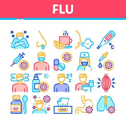 Flu Symptoms Medical Collection Icons Set Vector Thin Line. Chills And Fever, Cough And Runny Nose, Flu Virus In Lungs And Stomach Concept Linear Pictograms. Color Contour Illustrations