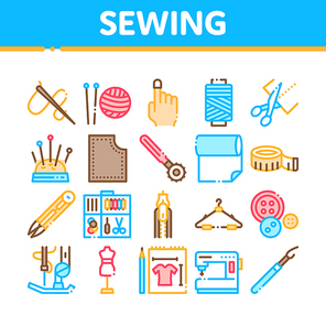 Sewing And Needlework Collection Icons Set Vector Thin Line. Sewing Needle And Measure, Dummy And Bobbin, Button And Fabric Concept Linear Pictograms. Color Contour Illustrations