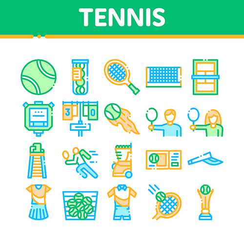 Tennis Game Equipment Collection Icons Set Vector Thin Line. Racket And Tennis Field, Cup And Tracksuit, Ball Basket And Player Concept Linear Pictograms. Color Contour Illustrations