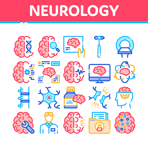 Neurology Medicine Collection Icons Set Vector Thin Line. Neurology Equipment And Neurologist, Brain And Nervous System, Nerves And Files Concept Linear Pictograms. Color Contour Illustrations