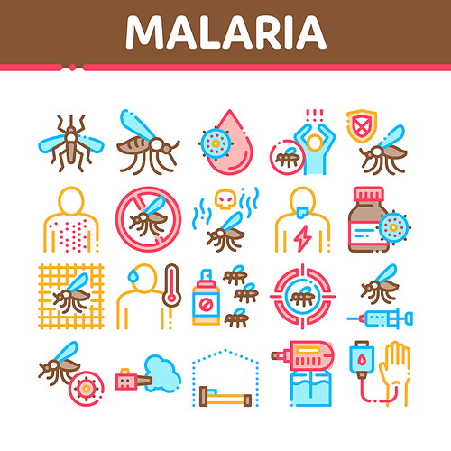 Malaria Illness Dengue Collection Icons Set Vector Thin Line. Malaria Mosquito, Spray And Protect Cream Bottle, Sick Human And Treatment Concept Linear Pictograms. Color Contour Illustrations