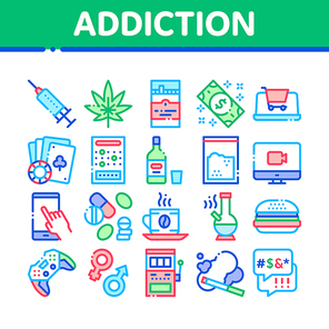 Addiction Bad Habits Collection Icons Set Vector Thin Line. Alcohol And Drug, Shopping And Gambling, Hemp, Smoking And Junk Food Addiction Concept Linear Pictograms. Color Contour Illustrations