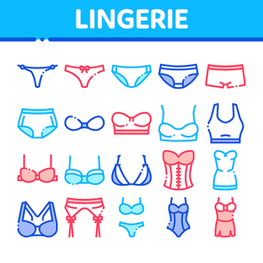 Lingerie Bras Panties Collection Icons Set Vector Thin Line. Fashion Bra And Pants, Bikini And Swimsuit, Lingerie Underwear Concept Linear Pictograms. Color Contour Illustrations