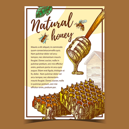 Honeycomb And Wooden Dipper Stick Poster Vector. Fresh Organic Natural Honey Dripping From Stick And Beehive. Healthy Delicious Sweet Food Bee Product Ingredient For Dessert Or Drink Illustration