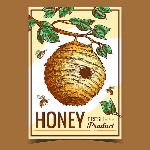 Beehive House Of Wild Bee On Branch Poster Vector. Organic Nature Wax Bee Home With Circular Entrance For Flying Insect Colony On Leaves Tree. Template Hand Drawn In Vintage Style Illustration