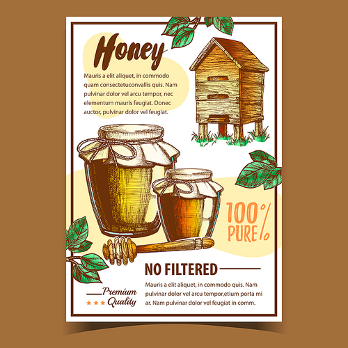 Honey In Bottles And Dipper Stick Poster Vector. Beehive, Honeycomb, Glass Containers With Product, Spoon For Honey And Green Leaves On Advertising Banner. Fresh Organic Natural Nutrition Illustration