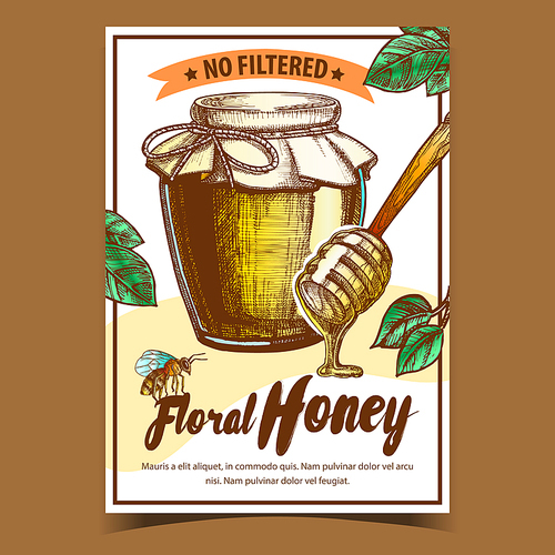 Honey In Bottle And Wooden Stick Poster Vector. Glass Containers With Sweet Product, Spoon For Honey And Bee Insect. Advertising Banner Decorated Green Leaves And Frame. Natural Nutrition Illustration