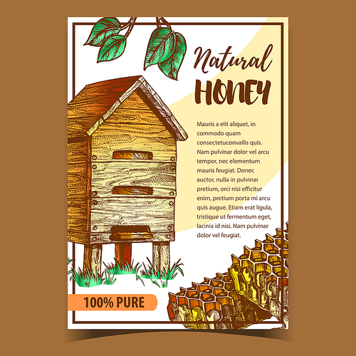 Honeycomb And Farm Wooden Beehive Poster Vector. Honeycomb, Bee Hive And Green Leaves On Creative Advertising Banner. Apiary For Produce Natural Honey Template Hand Drawn In Vintage Style Illustration