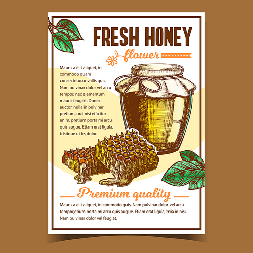 Honey In Bottle And Honeycombs On Poster Vector. Glass Package With Sweet Product And Honeycombs. Promotion Flyer Ornamented Green Leaves And Flower. Organic Fresh Nutrition Layout Illustration