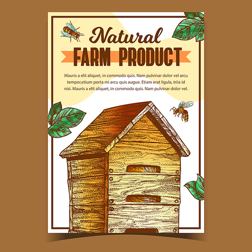 Bee And Wooden Beehive Farm Product Poster Vector. Bee Hive, Insects And Plant Green Leaves On Apiary Creative Promo Banner. Natural Honey Harvesting Layout Designed In Retro Style Illustration