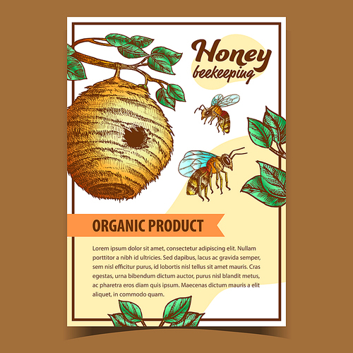 Bee Insect And Natural Beehive House Poster Vector. Tree Bee Nest With Circular Entrance For Swarm. Wildlife Beekeeping And Sweet Honey Organic Product Layout Designed In Retro Style Illustration