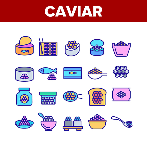 Caviar Tasty Seafood Collection Icons Set Vector Thin Line. Fish Eggs, Caviar In Metallic Container And Bottle, On Bread Piece And Sushi Concept Linear Pictograms. Color Contour Illustrations