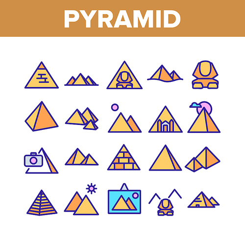 Pyramid Attraction Collection Icons Set Vector Thin Line. Egyptian Pyramid And Sphinx, Photo Camera And Tourism Landscape On Picture Concept Linear Pictograms. Color Contour Illustrations