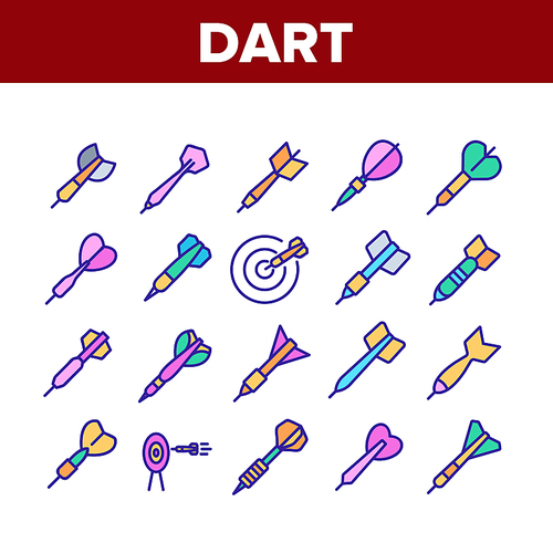 Dart For Play Game Collection Icons Set Vector Thin Line. Playing Equipment With Needle And Plumage In Different Form And Target Concept Linear Pictograms. Color Contour Illustrations