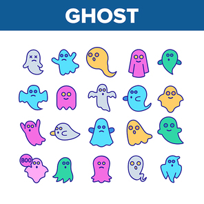 Ghost Spectre Funny Collection Icons Set Vector Thin Line. Angry And Beneficent Funny Ghost Character, Flying And Frightening Concept Linear Pictograms. Color Contour Illustrations