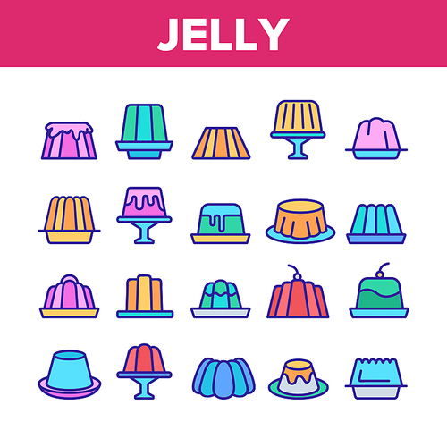 Jelly Sweet Dessert Collection Icons Set Vector Thin Line. Jelly On Plate In Different Shape, With Cherry And Cream On Top Concept Linear Pictograms. Color Contour Illustrations