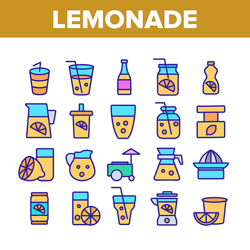 Lemonade Tasty Drink Collection Icons Set Vector Thin Line. Lemonade In Glass With Tube And In Bottle, Juicer And Lemon Sliced Piece Concept Linear Pictograms. Color Contour Illustrations