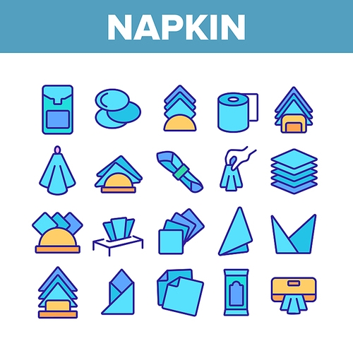 Napkin Hygiene Paper Collection Icons Set Vector Thin Line. Sanitary Antibacterial Napkin For Restroom, Towel For Eater In Restaurant Concept Linear Pictograms. Color Contour Illustrations