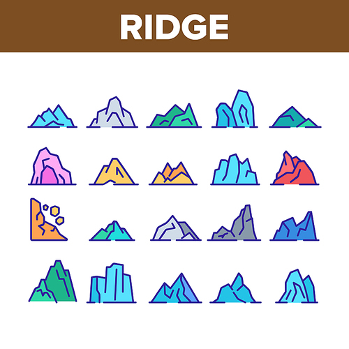 Ridge Different Form Collection Icons Set Vector Thin Line. Ridge Peak Climbs For Extreme Sport, Adventure And Expedition Concept Linear Pictograms. Color Contour Illustrations