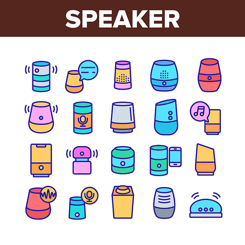 Speaker Assistant Collection Icons Set Vector Thin Line. Voice Speaker Assistance, Smartphone Connection, Play Music And Discussing Concept Linear Pictograms. Color Contour Illustrations