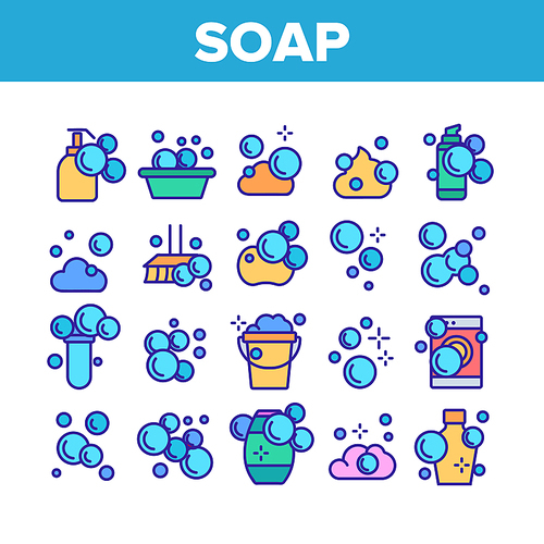 Soap Bubbles And Foam Collection Icons Set Vector Thin Line. Soap In Bottle For Wash Hand, In Bucket And In Laundry Machine Concept Linear Pictograms. Color Contour Illustrations