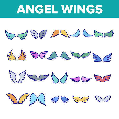 Angel Wings Flying Collection Icons Set Vector Thin Line. Decorative Stylized Feather Flapping Angel Or Bird Flight Wings, Concept Linear Pictograms. Monochrome Contour Illustrations