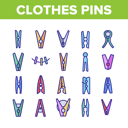 Clothes Pins Fasteners Collection Icons Set Vector Thin Line. Wooden And Plastic Clothes Pins Housework Equipment, Clothespins On Cable Rope Concept Linear Pictograms. Monochrome Contour Illustrations