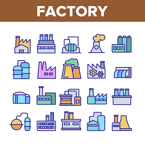 Factory Industrial Collection Icons Set Vector Thin Line. Factory, Truck Terminal, Power Station Chimney, Mine, Warehouse And Greenhouse Concept Linear Pictograms. Monochrome Contour Illustrations