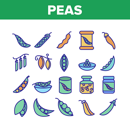 Peas Bob Vegetable Collection Icons Set Vector Thin Line. Peas In Glass Jar And Metallic Container, Natural Agricultural Vitamin Food Concept Linear Pictograms. Monochrome Contour Illustrations