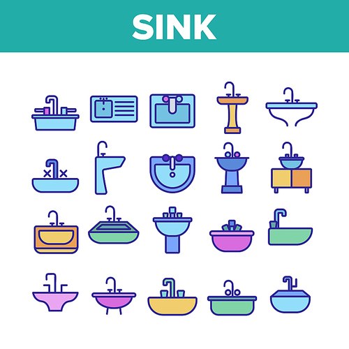 Sink Ceramic Bathroom Collection Icons Set Vector Thin Line. Bath Sink With Faucet, Restroom Hands And Face Wash Equipment Concept Linear Pictograms. Monochrome Contour Illustrations
