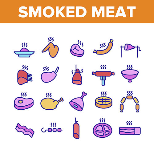 Smoked Meat Barbecue Collection Icons Set Vector Thin Line. Grilled Sausage And Meat Ribs, Chicken Wings And Legs, Beef Kebab Bbq Concept Linear Pictograms. Monochrome Contour Illustrations