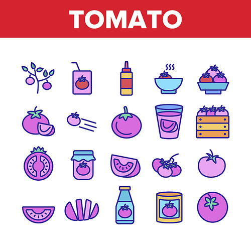 Tomato Vegetarian Food Collection Icons Set Vector Thin Line. Tomato Ketchup And Juice In Glass, Vegetable Sliced Piece And Tree Concept Linear Pictograms. Monochrome Contour Illustrations
