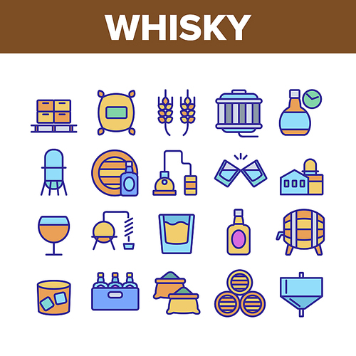 Whisky Alcoholic Drink Collection Icons Set Vector Thin Line. Bottle And Wooden Barrel Whisky, Wheat And Glass With Alcohol Beverage Concept Linear Pictograms. Monochrome Contour Illustrations