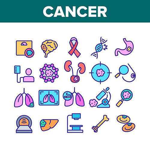 Cancer Anatomy Disease Collection Icons Set Vector Thin Line. Cancer Of Stomach And Lungs, Bones And Breasts, Brain And Liver Concept Linear Pictograms. Color Contour Illustrations