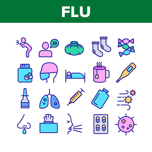 Flu Symptoms And Cure Collection Icons Set Vector Thin Line. Cough And Lungs, Tablets And Wipes, Syringe And Injection, Flu Virus And Snot Concept Linear Pictograms. Color Contour Illustrations
