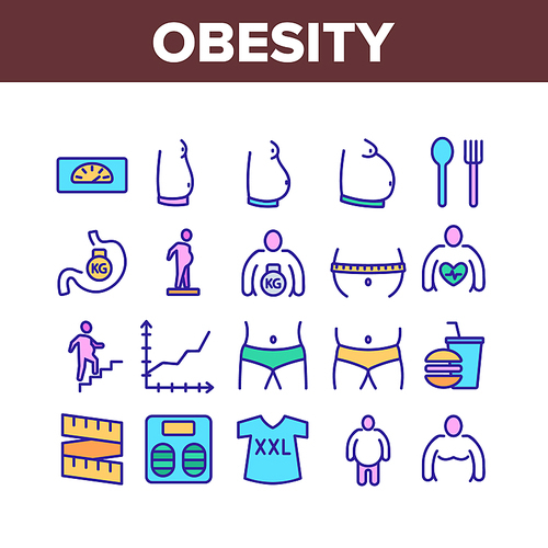 Obesity And Overweight Collection Icons Set Vector Thin Line. Obesity Person And Xxl T-shirt, Unhealthy Food And Flatware Concept Linear Pictograms. Color Contour Illustrations