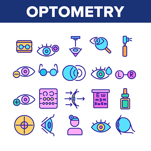 Optometry Eye Health Collection Icons Set Vector Thin Line. Eyeglasses And Doctor Optometry Oculist, Medical Equipment, Medicine Drops Concept Linear Pictograms. Color Contour Illustrations