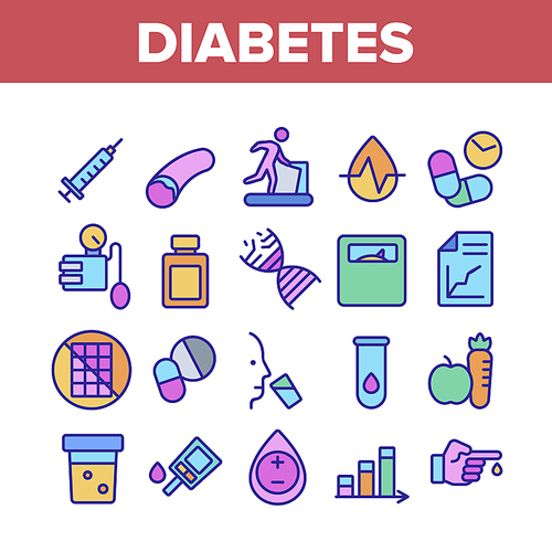Diabetes Sugar Disease Collection Icons Set Vector Thin Line. Syringe And Blood Analysis On Diabetes, Man Run And Drink, Pills And Fruits Concept Linear Pictograms. Monochrome Contour Illustrations