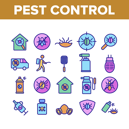 Pest Control Service Collection Icons Set Vector Thin Line. Insects Exterminator And Protection Mask, Bug And Mosquito, Anti Pest Mark Concept Linear Pictograms. Monochrome Contour Illustrations