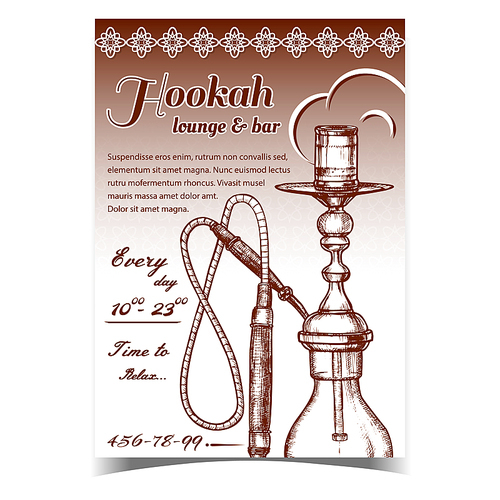 Hookah Lounge And Bar Advertising Poster Vector. Single Stemmed Hookah Whose Vapor Or Smoke Is Passed Through Water Basin Often Glass Based Inhalation. Monochrome Designed In Retro Style Illustration