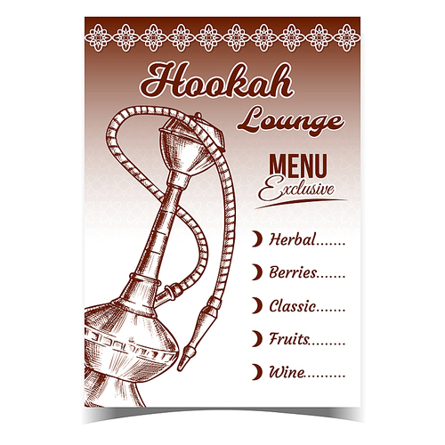 Hookah Lounge Bar Exclusive Menu Poster Vector. Hookah Herbal And Berries, Classic, Fruits And Wine Aroma Tobacco. Relaxation Accessory Monochrome Hand Drawn In Retro Style Illustration