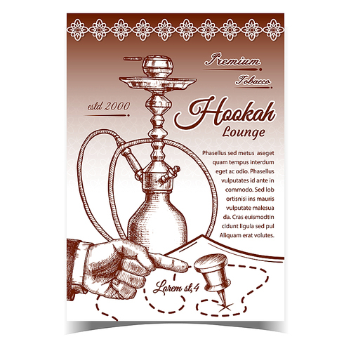 Hookah Lounge Bar Flavored Tobacco Banner Vector. Modern Design Hookah, Man Hand Gesture And Pin On Map On Advertising Poster. Relaxation Accessory Monochrome In Retro Style Illustration